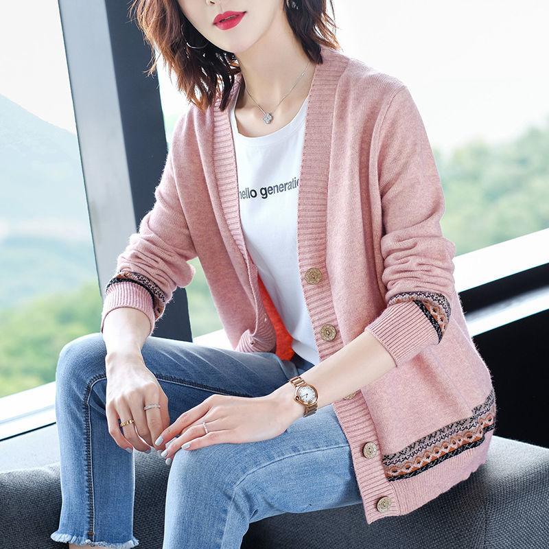 Women's Knitted Sweater Spring and Autumn Models V-neck Colour Blocking Long-sleeved Ethnic Wind Cardigan Jacket Jumper Ladies Tops