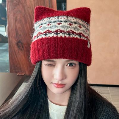 New Christmas Cute Antler Knitted Hat for Women Autumn and Winter Warm Woolen Hat Plus Velvet Ear Protection Pullover Hat