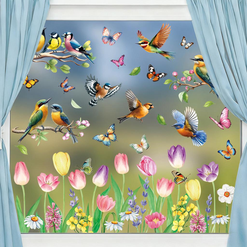 Spring 2026 New Butterfly Hummingbird Flower Static Cling Window Stickers for Home Decor Room Atmosphere
