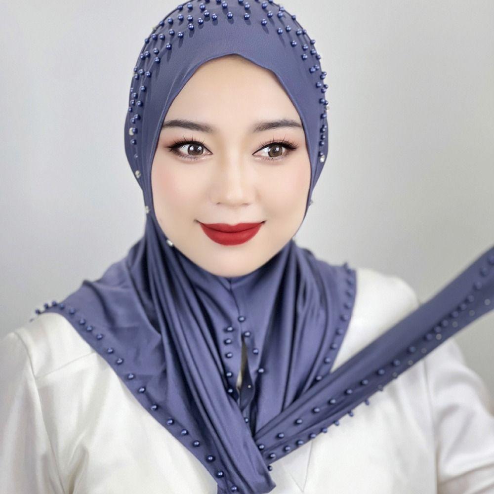 Beaded Arabic Hijab Hats Solid Color Turkish Head Wrap Scarf Comfortable Muslim Hijab  Woman