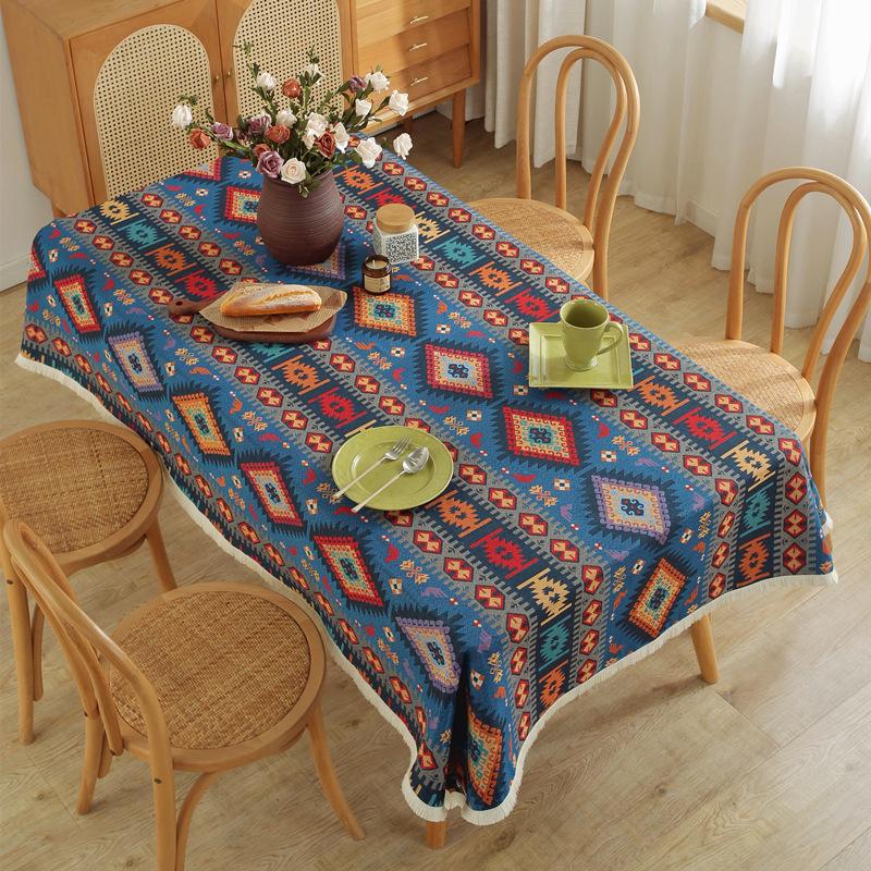 Bohemian Fringed Tablecloth American Retro Jacquard Cotton Linen Heavy Duty Dining Table Cover