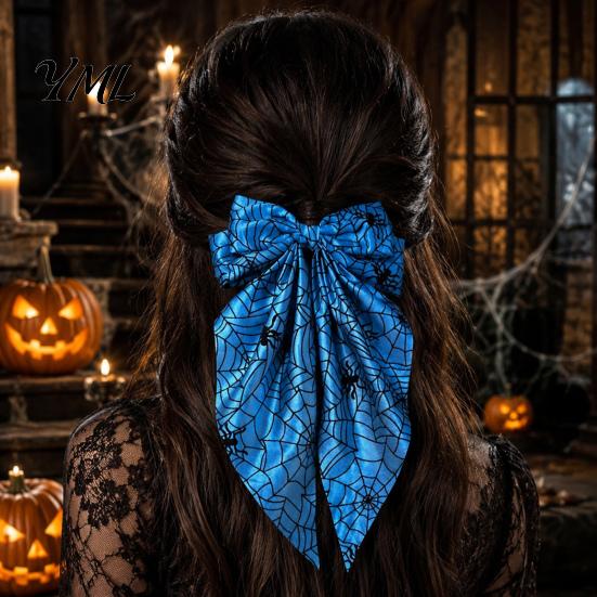 Holiday Themed Hair Accessories for Women Halloween Bow Clip Girls, Spider Web Barrettes Chic Satin Bows with Streamers Clips, Large Bowknot