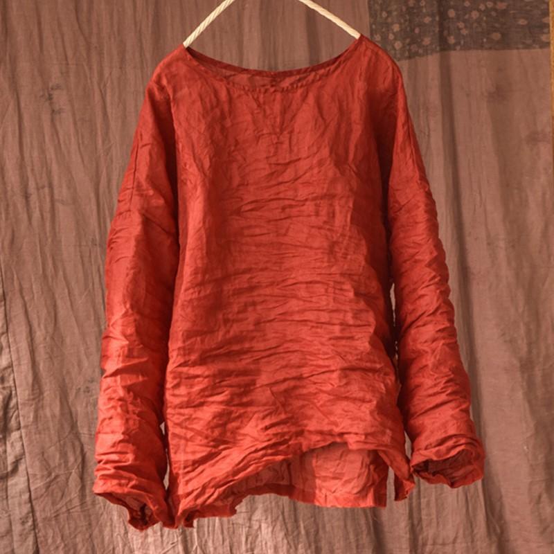 

Johnature женские винтажные футболки Ramie однотонные весенние футболки с круглым вырезом и длинными рукавами женские футболки высокого качества One Size красный