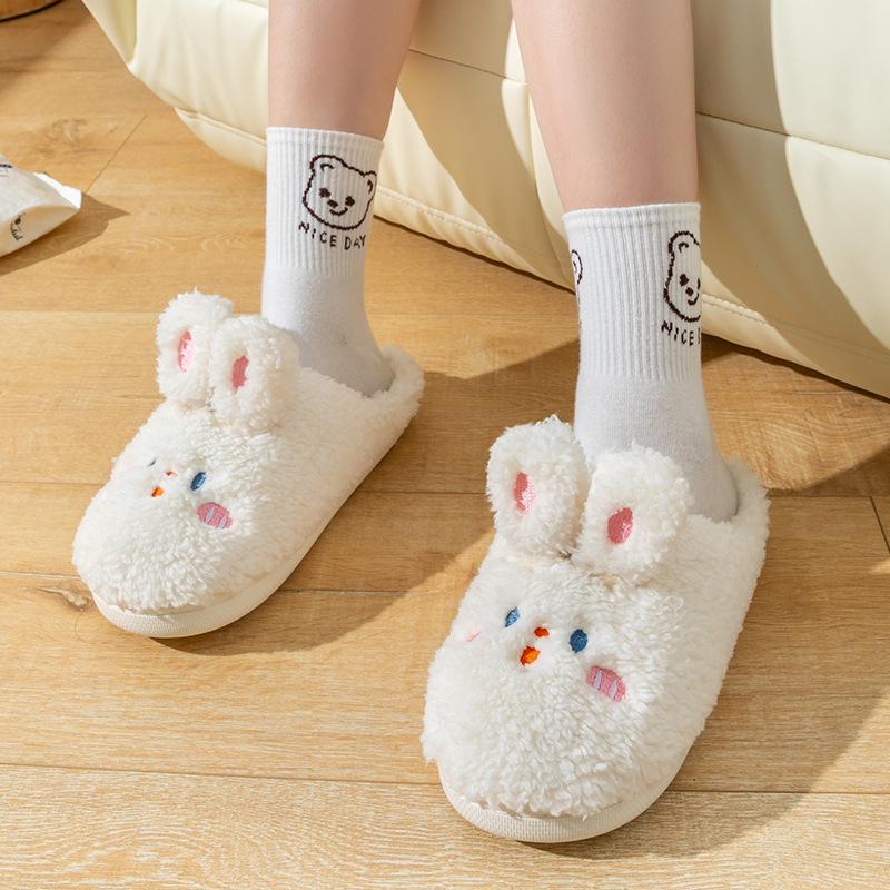 2025 Women's Fashion Thick-Soled Plush Cotton Slippers - Cartoon Rabbit Design for Warm Autumn/Winter