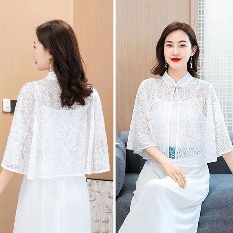 Spring Summer Shawl Coat Thin Scarf Long Sleeve Lace Temperament Cardigan Outwear Shoulder False Collar Out All-Match Ponchos