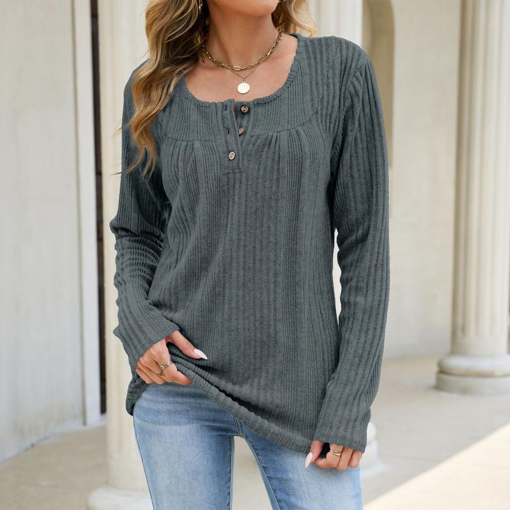 Women Long Sleeve Pullover Top Ribbed Knit Casual Loose Fit Henley Shirt with Button Detail Lightweight Soft Fabric Comfortable