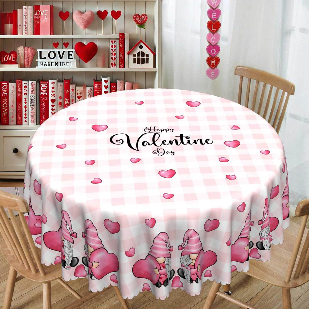 Față de masă cu model inimă în carouri roz, Față de masă dreptunghiulară/rotundă cu desen animat pitic pentru masă de dining, Husă impermeabilă pentru masă de cafea