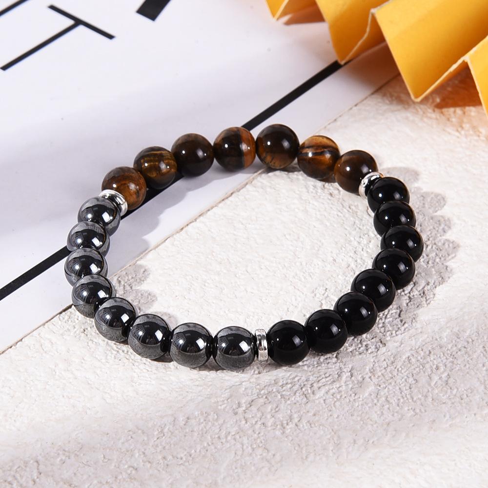 Trojitý ochranný náramek:Tygří oko, Černý obsidián a Hematit 8mm Kulaté Ochranné Krystaly (Náramek z drahokamů na gumičce)