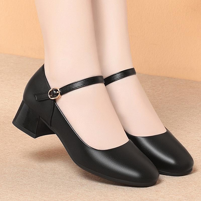 One-word buckle work shoes black tooling shoes interview commuter single shoes thick heel women's shoes women's leather shoes