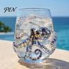 Elegante Bicchiere Acqua Oceano con Bordo Dorato 12oz Polpo, Design in Rilievo, Stile Marino Dipinto a Mano Sofisticata Bicchiereria Costiera per Bere per Amanti