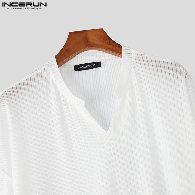 INCERUN Men Short Sleeves Solid Color See Through Casual Loose T-Shirts