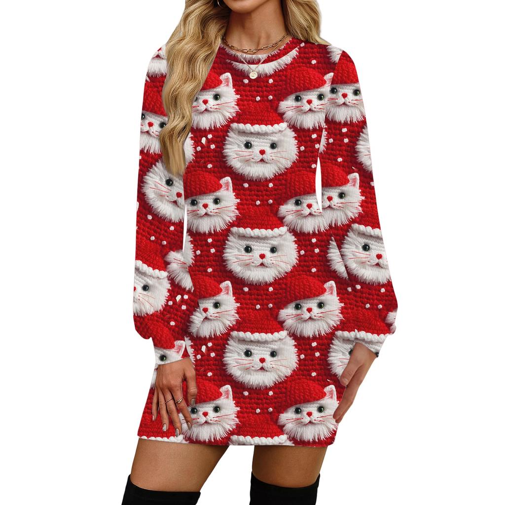 Rochie casual de modă pentru femei, cu imprimeu de Crăciun, cu gât rotund și mâneci lungi