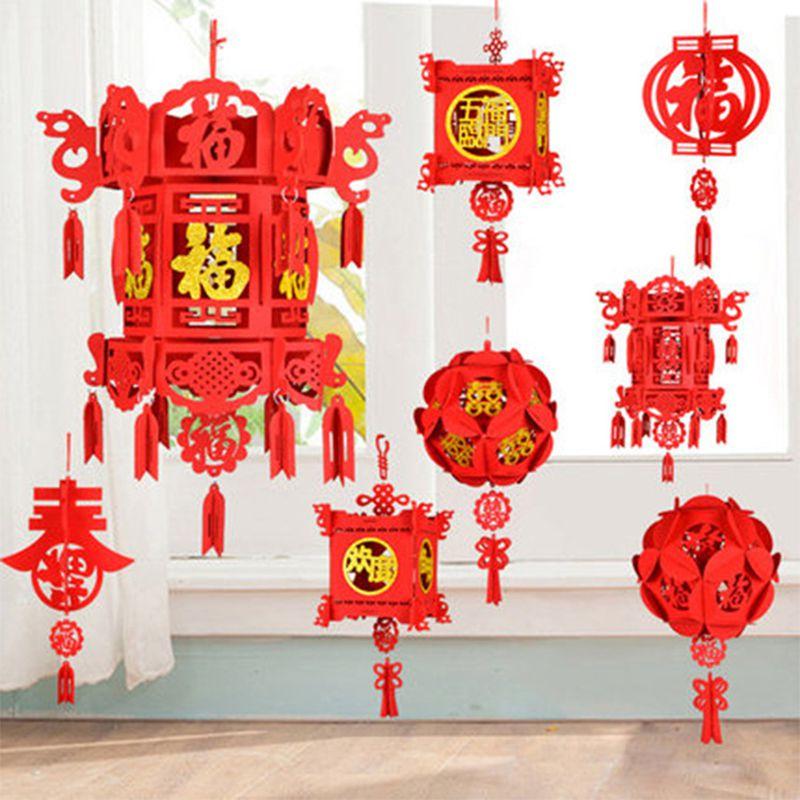 Traditional Non-woven Lantern For Chinese New Year Oval Shaped With Spring Character