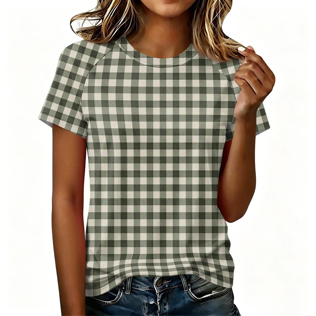 Women's Casual Raglan Sleeve Short Sleeve Top Crew Neck Checkered Print Lightweight Soft Fabric Blouse for Everyday Wear