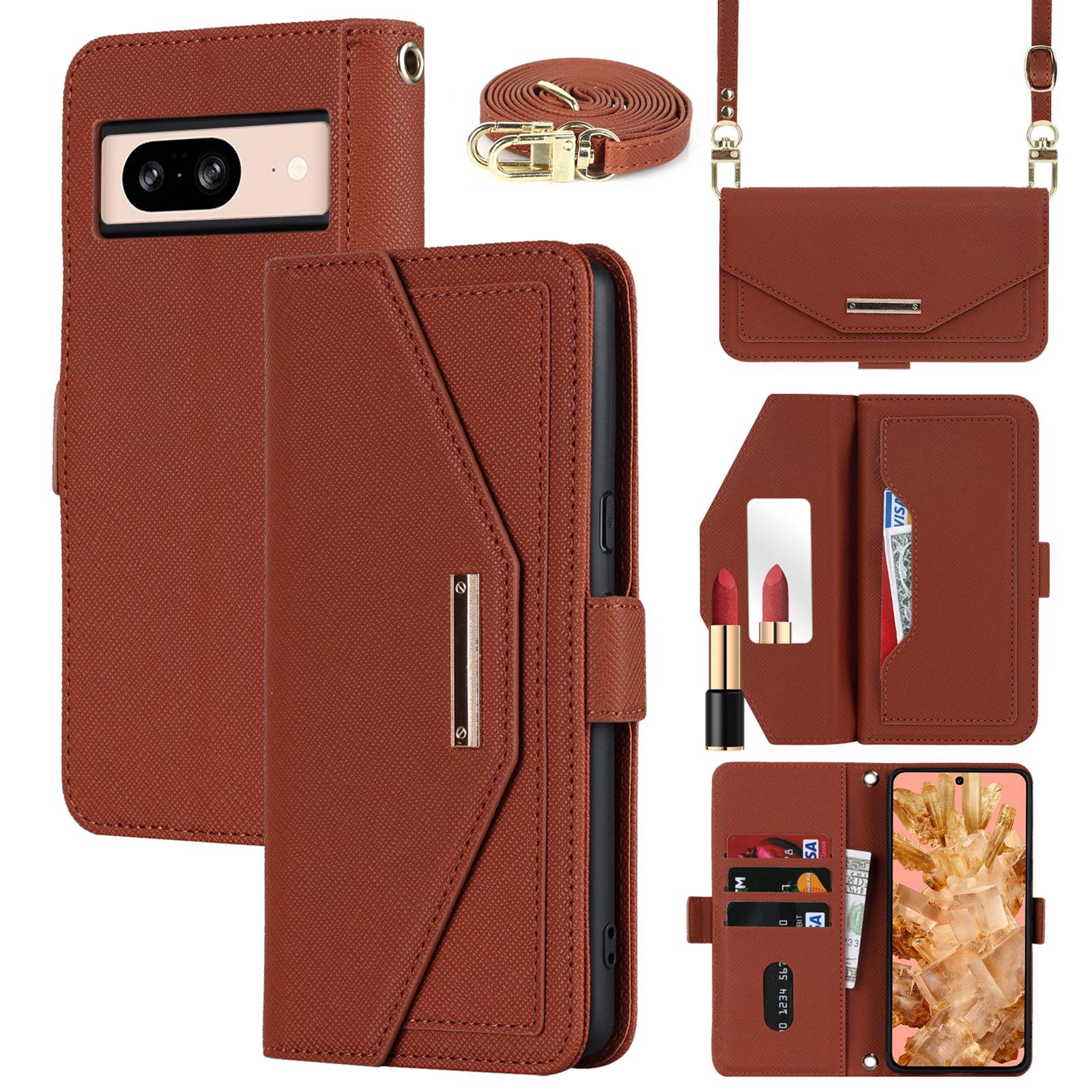 

For Google Pixel 8 Stand Case Cross Texture PU Leather Wallet Phone Cover with Shoulder Strap/Makeup Mirror Brown