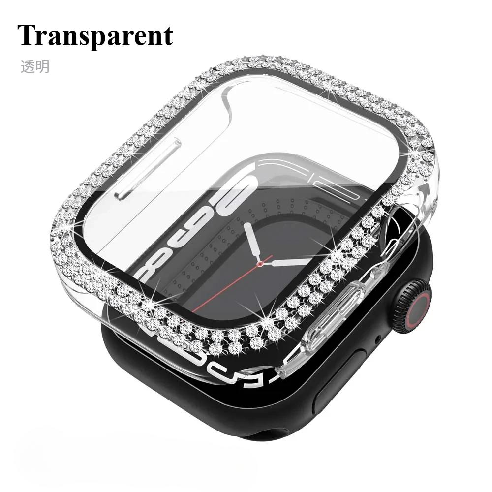 

Блестящий чехол из стекла+крышка для Apple Watch Series10 46мм, 44мм, 45мм, 41мм, 40мм, 38мм, 42мм, женский бампер с бриллиантами+защитная пленка для экрана iwatch Series 7 9 8 5 6 SE Series10 46mm