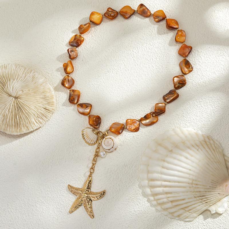 Retro Seestern Weiße Muschel Kauri Anhänger Halskette Damen Schlicht Kreativ Bunte Steine Handgewebt Strand Schmuck Mädchen