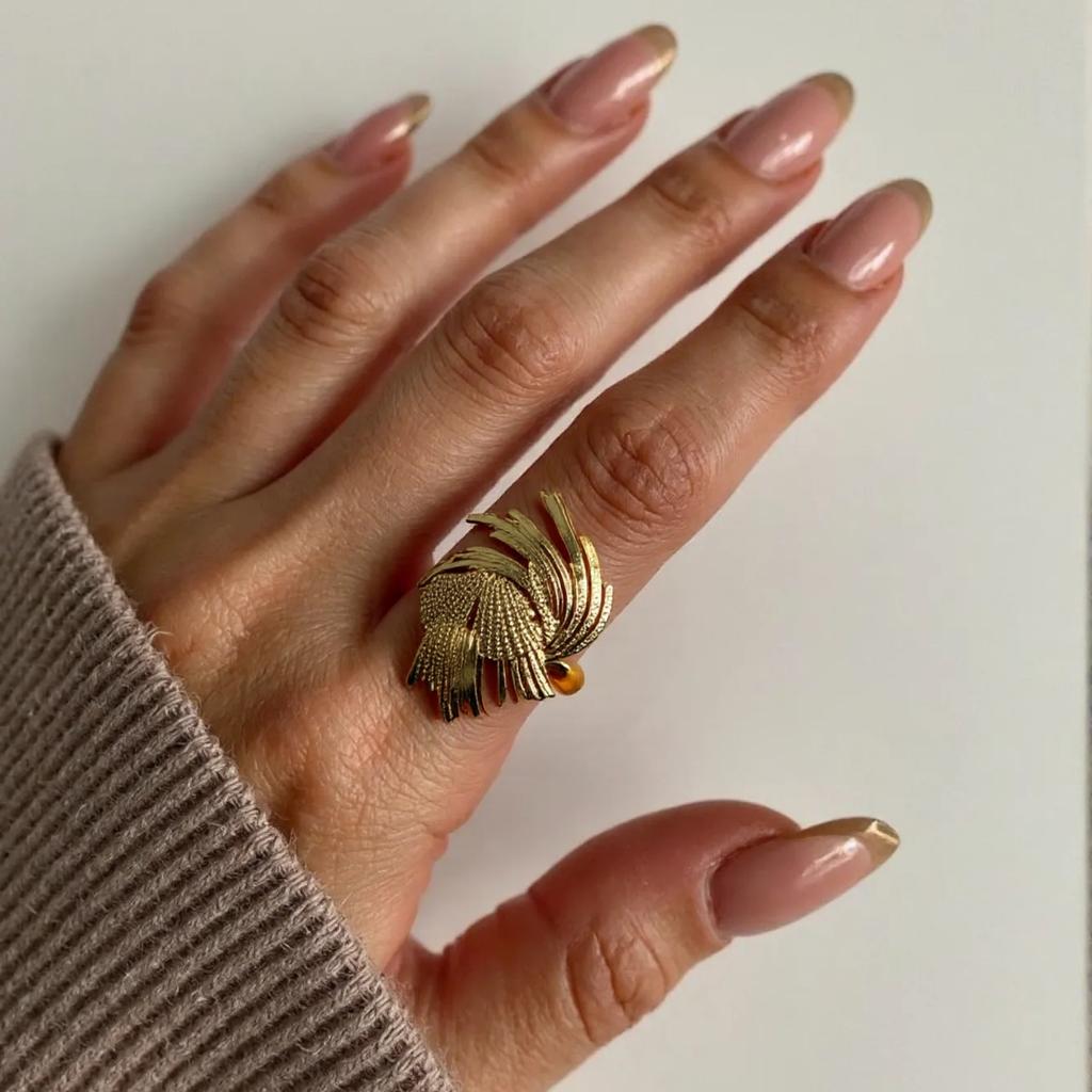 Golden Plated Abstract Feather Open Adjustable Ring for Women Modern Statement Jewelry Gift