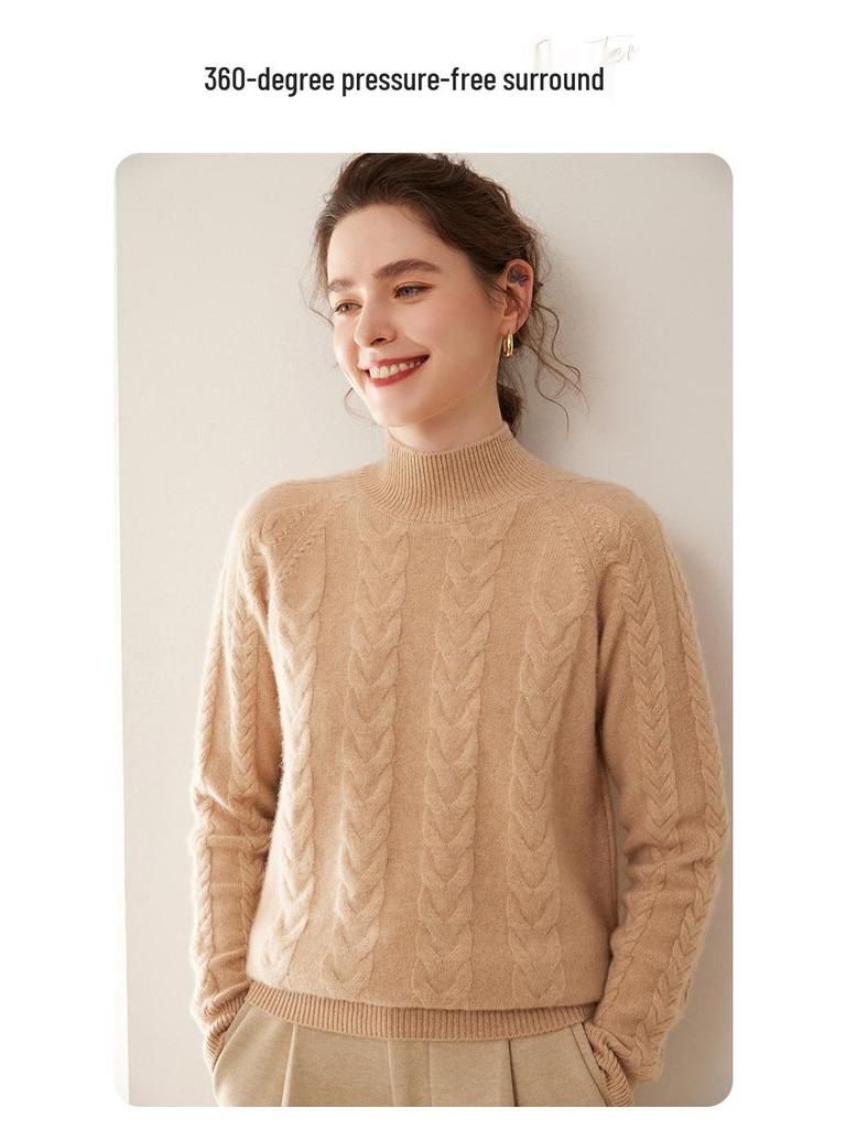 Women's Solid Color Twist Pattern Cashmere Sweater, Semi-high Neck, Loose Fit