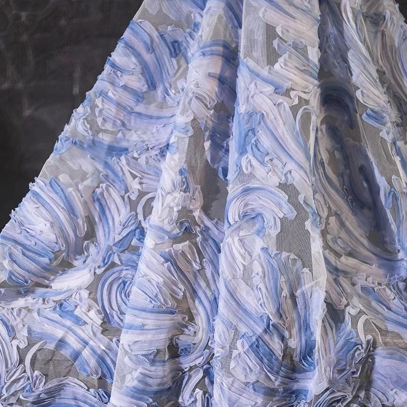 Tejido de Malla Jacquard Texturizado 3D Bordado Creativo Material para Vestido Estilo Han para Costura DIY y Ropa de Diseñador