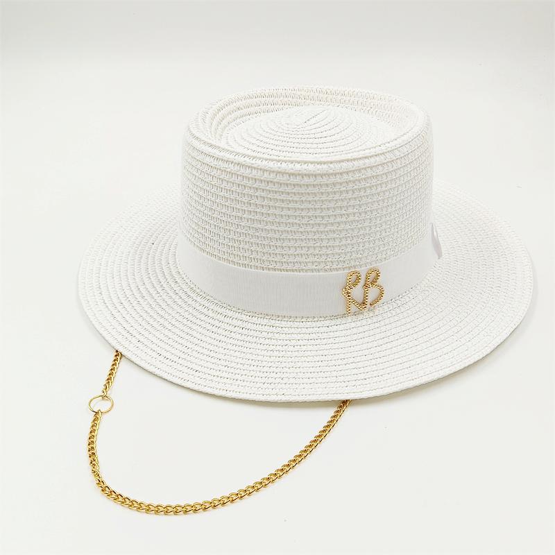 Dames Hoed Zout Gras Stro Hoed Letter Jazz Zon Hoed Mannen En Vrouwen Zomer Panama Jazz Hoed Buiten Vakantie Strand Zon Hoed Groothandel 56-58cm white