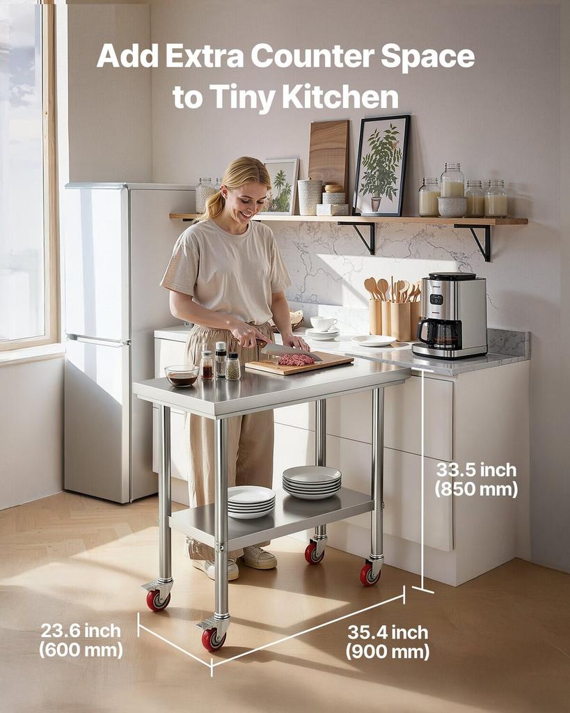 Stainless Steel Table, 60 X 90 Cm Food Prep Worktable with Wheels, Kitchen Prep Table with Adjustable Undershelf Workstations for Commercial Kitchen,