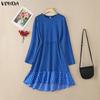 VONDA Women O Neck Long Sleeve Patchwork Polka Dots Ruffled Hem Casual Tunic Mini Dress