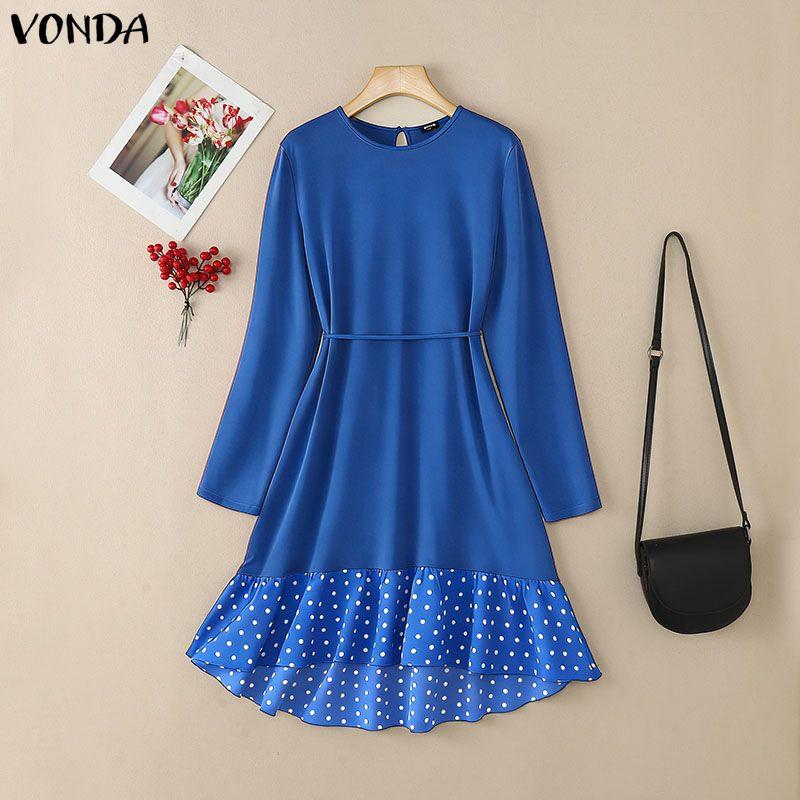 VONDA Women O Neck Long Sleeve Patchwork Polka Dots Ruffled Hem Casual Tunic Mini Dress