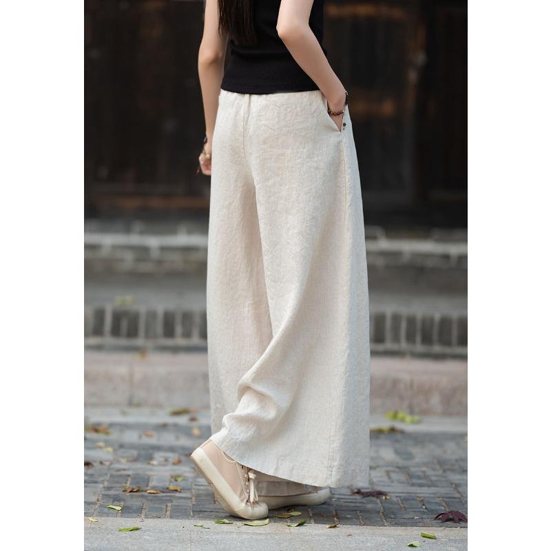 Women's Linen Blend Wide Leg Palazzo Pants Elastic Waist Casual Trousers