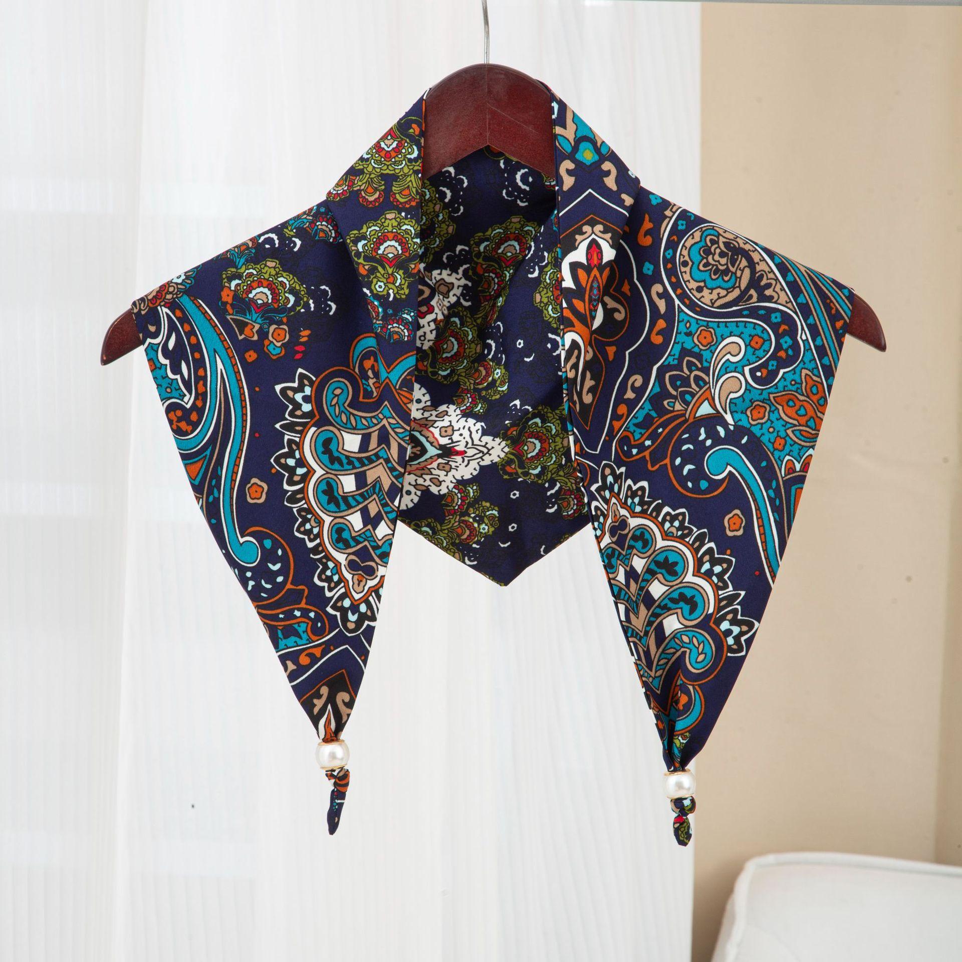New Spring and Autumn Simulation Silk Small Square Scarf Triangle Scarf Versatile Hanging Bead Chinese Style Silk Scarf Fart Curtain Waist Advanced