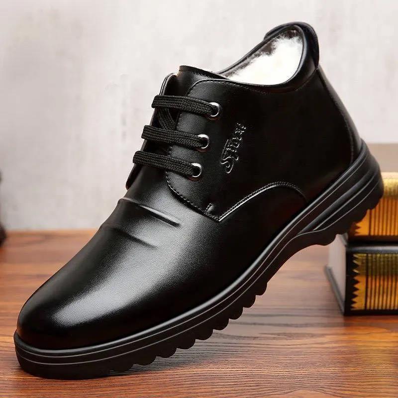 2025 Winter Velvet Thickened Leather Men's Shoes Warm Cotton Shoes Middle-aged and Elderly Lace-up Men's Shoes Non-slip Comfortable Soft Sole