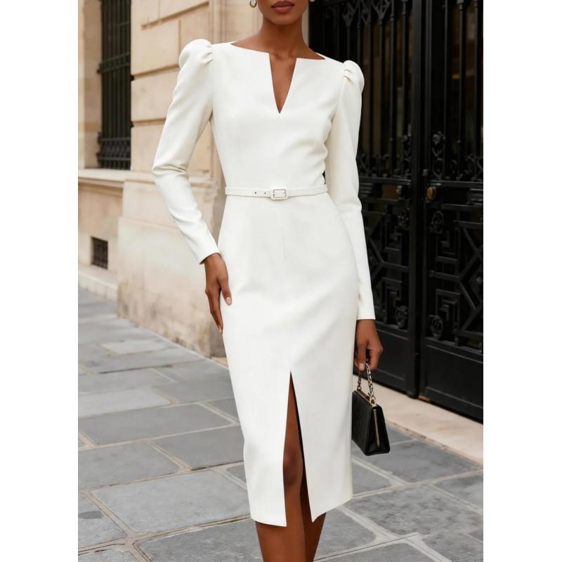 V-Neck Puff Sleeve Midi Dress With Belted Waist Side Slit Office Party Elegant Wear