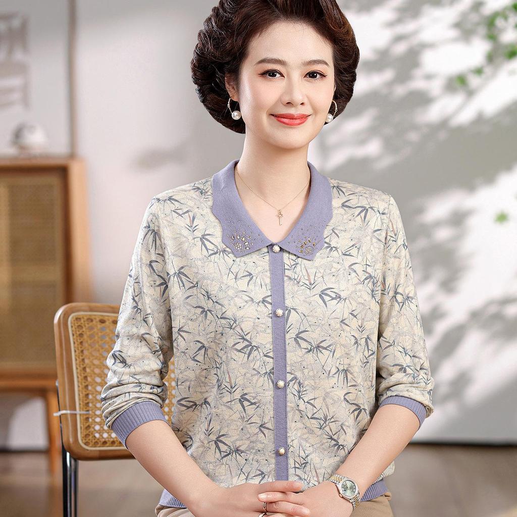 Elegant Spring Long-Sleeve Lapel T-Shirt for Stylish Middle-Aged Women