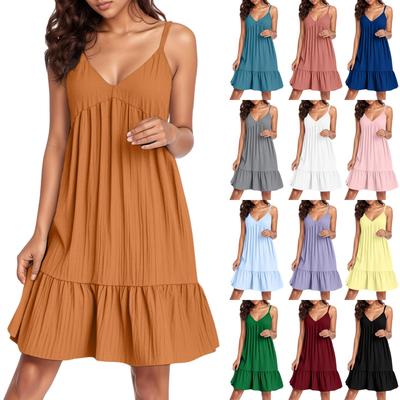 Women's Fashionable Solid Color Sexy V Neck Suspender Sleeveless Beach Vacation Loose Dress