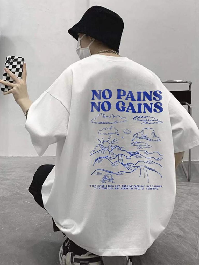 No Pains No Gains Positive Energy Letter Men Tshirt Fashion Cotton Tee Clothes High Quality Breathable Tshirt Summer Loose Tops