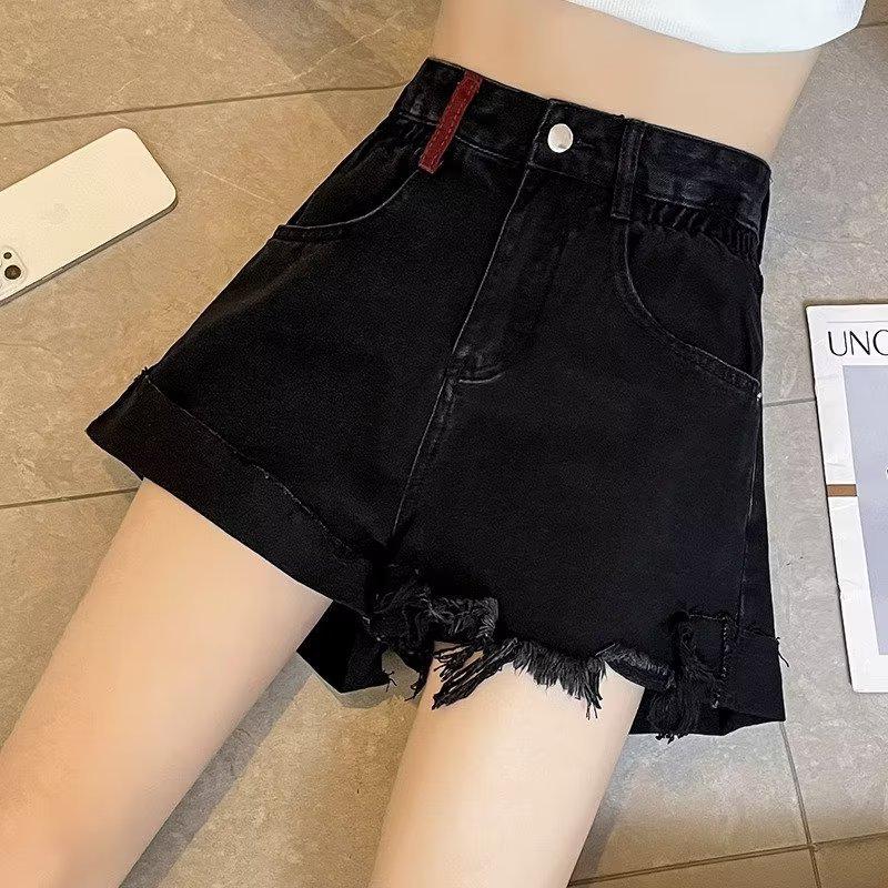2025 Women's Black High-Waist A-Line Denim Shorts - Sexy, Slimming, Loose Fit, Wide Leg