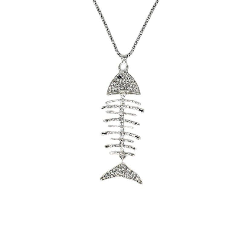 Silver Fish and Bone Necklace with Diamonds, Versatile and Simple Long Coat Chain for Men