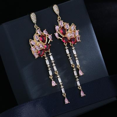 Silver Temperament Long Butterfly Tassel Drop Earrings Pink Red Cubic Zirconia Trending Gold Color Women Jewelry Gift