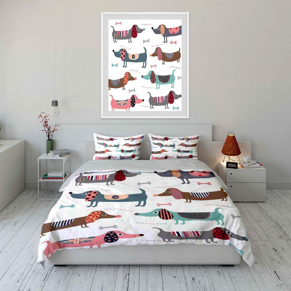 Cute Dachshund Pattern Decorative Set Bedding Set with 1 Duvet Cover 2 Pillowcases Single Double King Queen, Gift