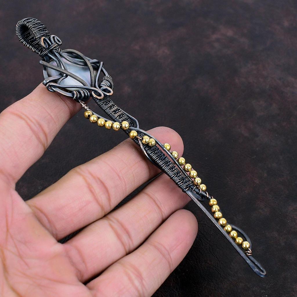 Black Mother Of Pearl Copper Pendant Wire Wrapped Pendant Amazing Key Pendant Handmade Copper Jewelry Natural Gemstone Pendant Gift For Her