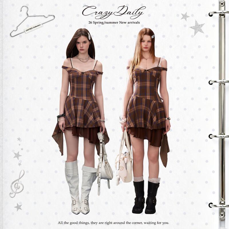 UNIFREE Summer Vintage Plaid Waist-Cinching Dress