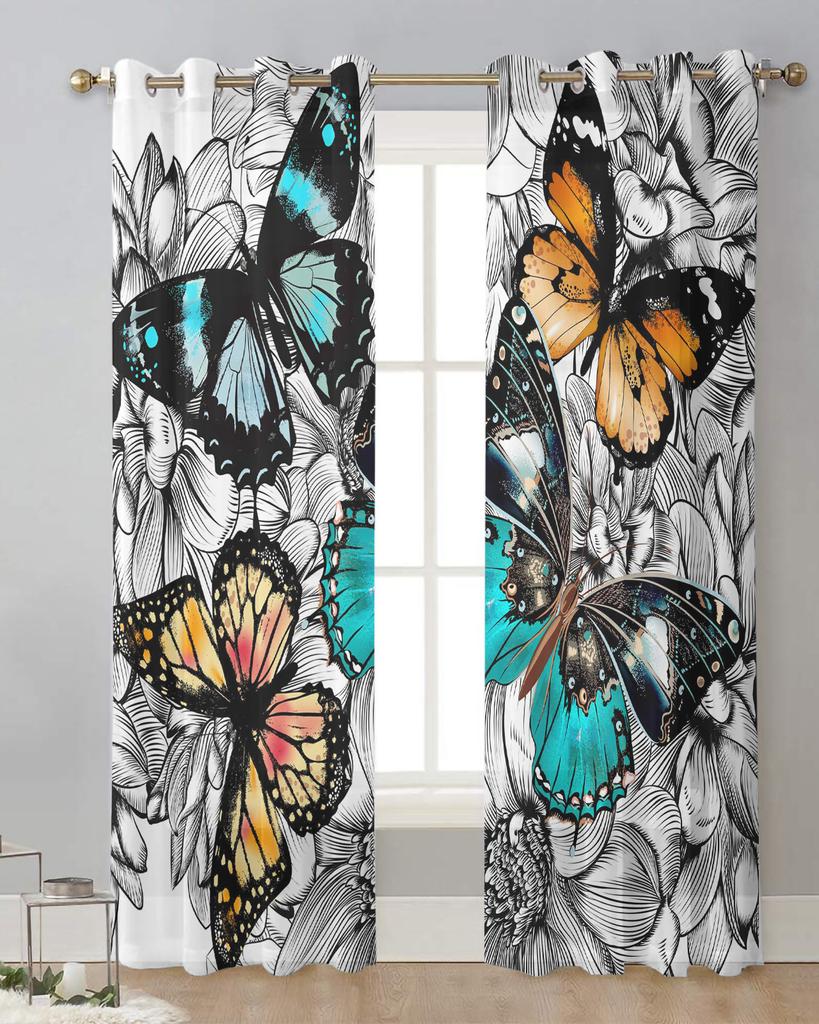 Flower Colorful Butterfly Sheer Curtains for Living Room Decoration Window Curtains for Kitchen Tulle Voile Organza Curtains