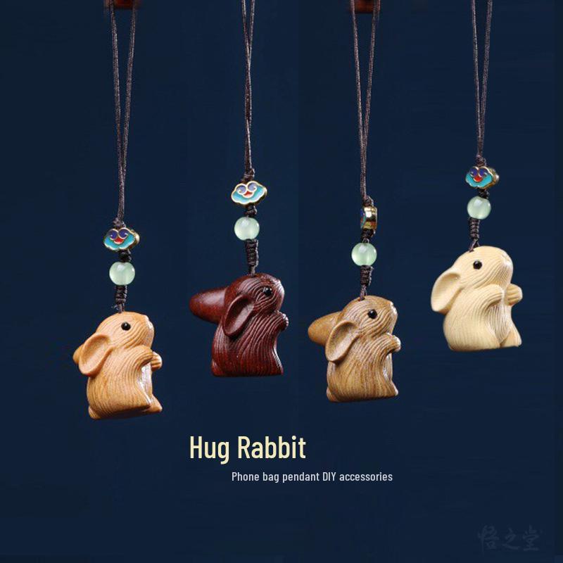 Rosewood Boxwood Green Sandalwood Carved Rabbit Phone Charm Pendant
