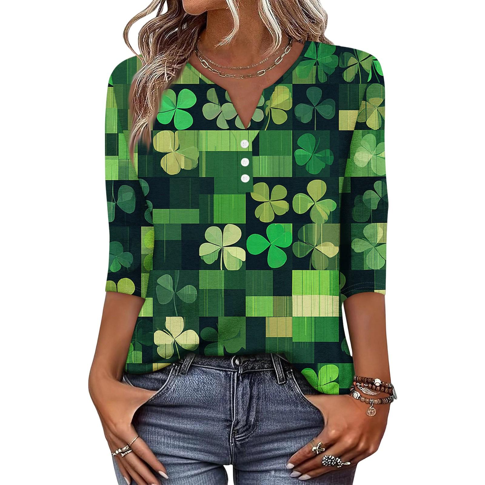 

Women s Fashionable Casual St. Patrick s Day Print V-Neck Button-Up Three-Quarter Sleeve T-Shirt Top XL