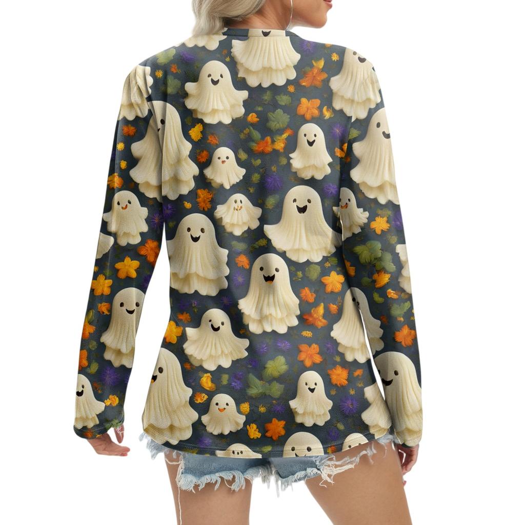 Women's Casual Fashion Sexy Comfort Halloween Printed V-Neck Button Long Sleeve