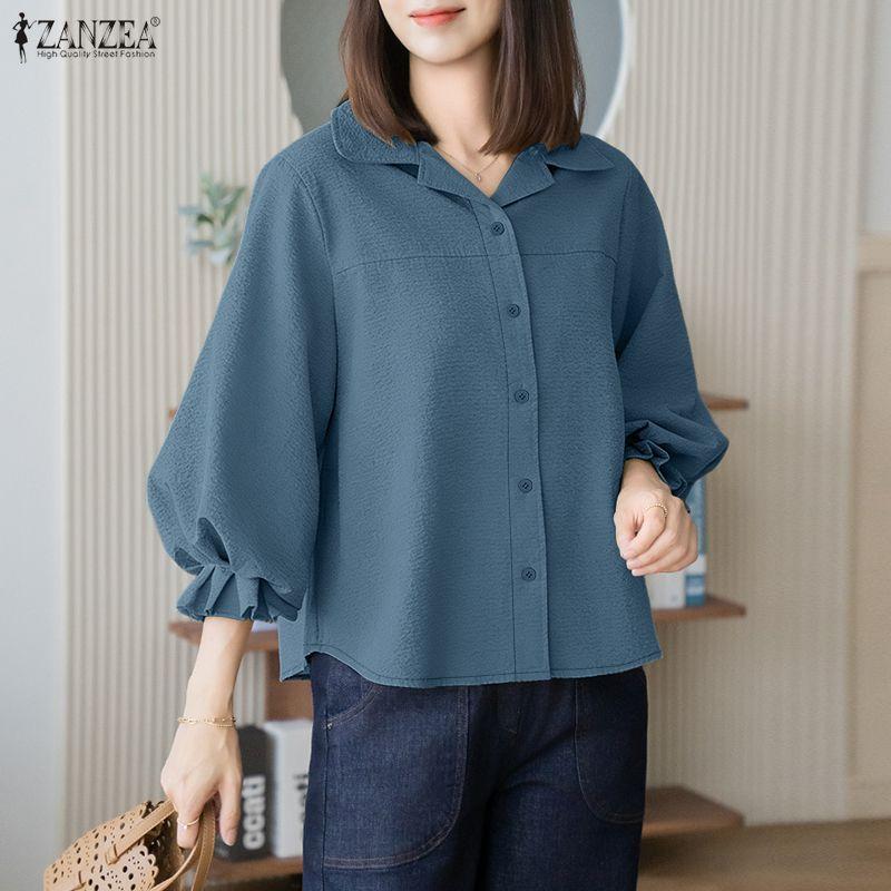 ZANZEA Women Casual Turn Down Collar Solid Color Loose 3/4 Sleeve Blouse