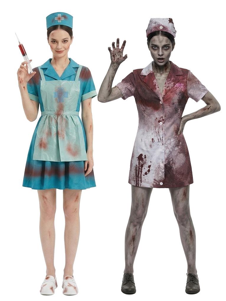 Costume da Cosplay Infermiera Spaventosa Stampa Macchie di Sangue Spettrali Cuffia da Infermiera e Grembiule Costume da Festa di Halloween a Tema Horror e Costume da Palco