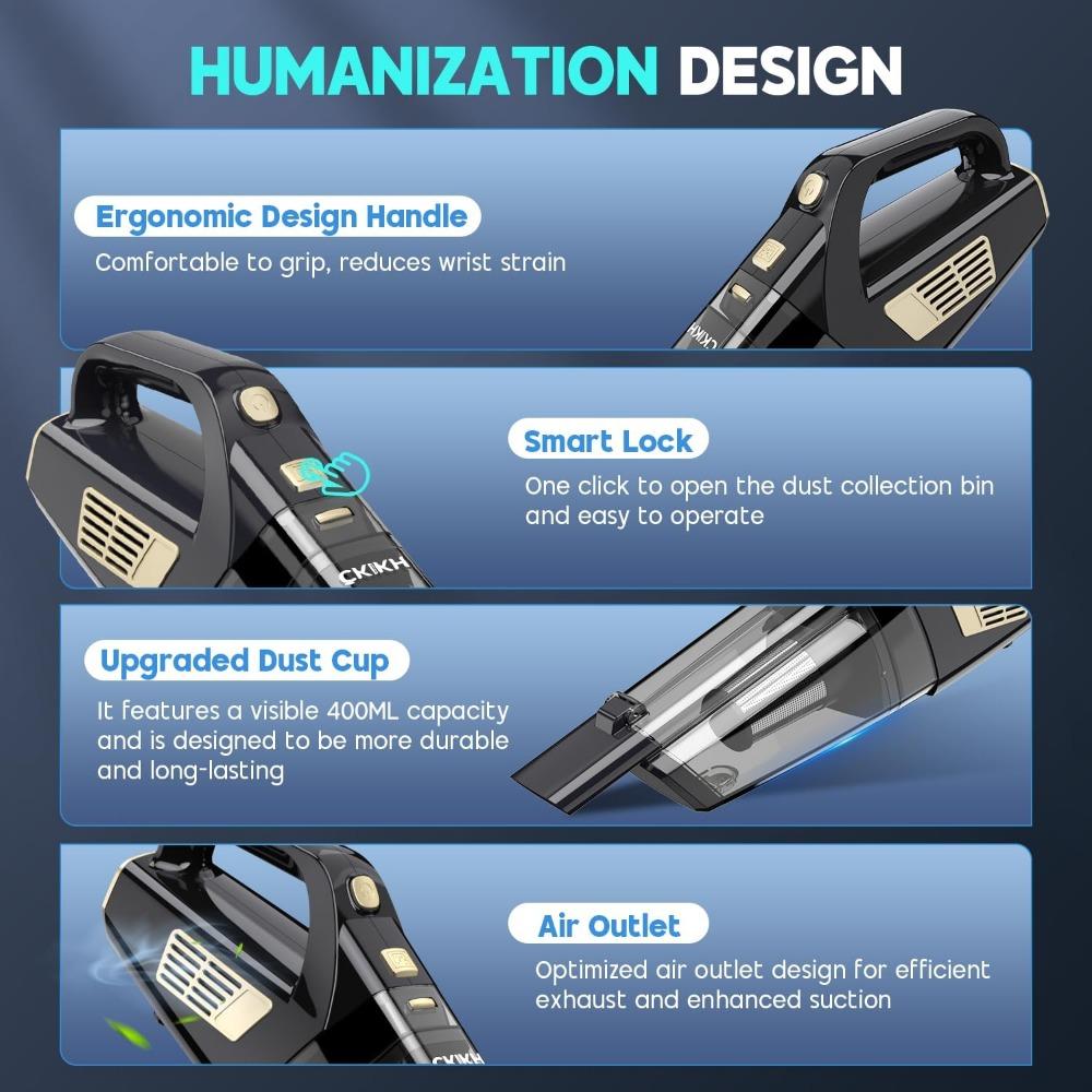 Handheld Vacuum Cordless, 15000PA Strong Suction Hand Held Car Vacuum Cleaner Portable with Multi-Nozzles & Washable Filter, Lig