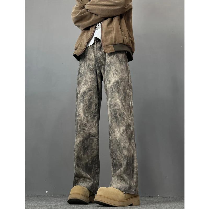 Джинсы JYL Мужские Камуфляж Тай-дай Винтажные Стиранные Свободные Прямые Повседневные Деним S ализарин красный