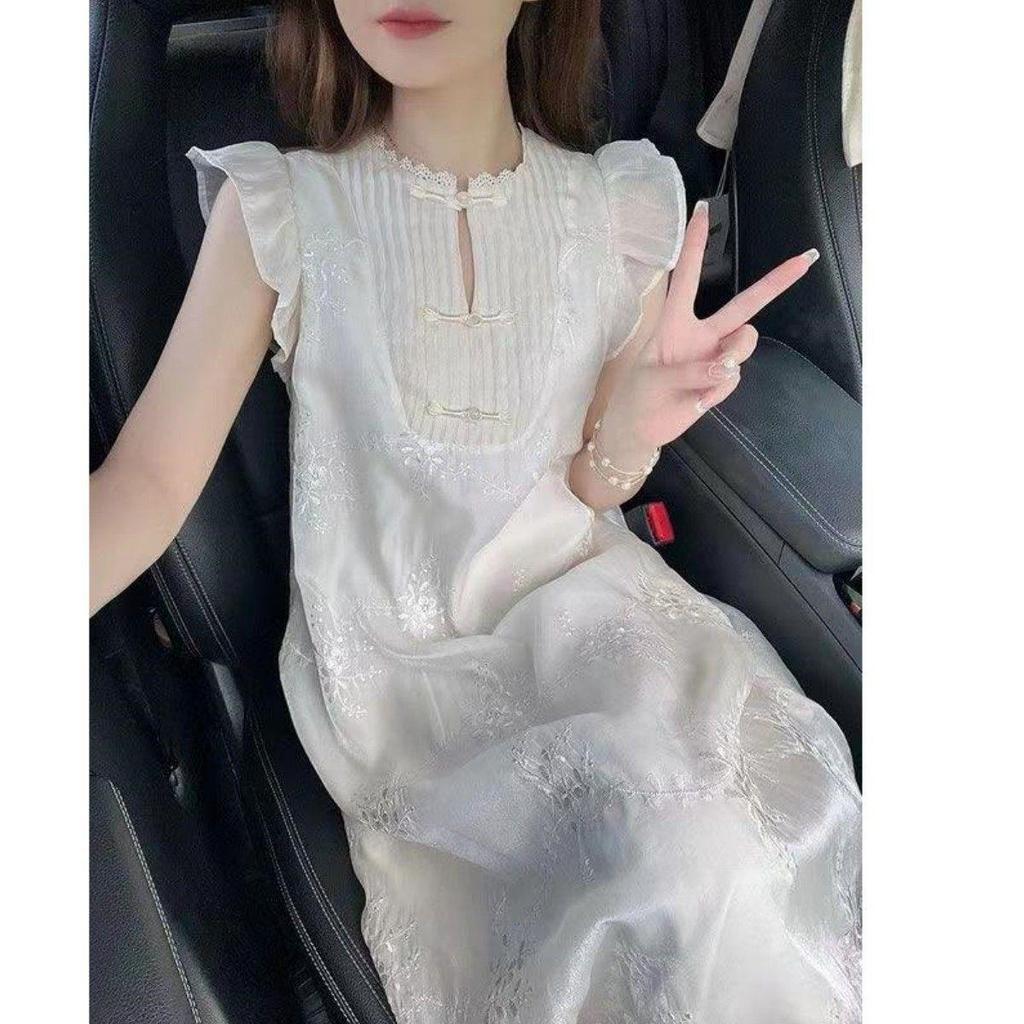 2026 Summer Women's Retro Chinese Long Dress with Small Flutter Sleeves